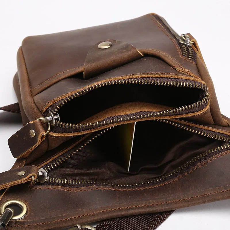 Men's brown crazy horse leather retro satchel bag with a shoulder strap.