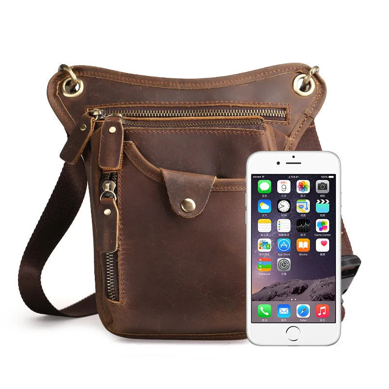 Men's brown crazy horse leather retro satchel bag with a shoulder strap.