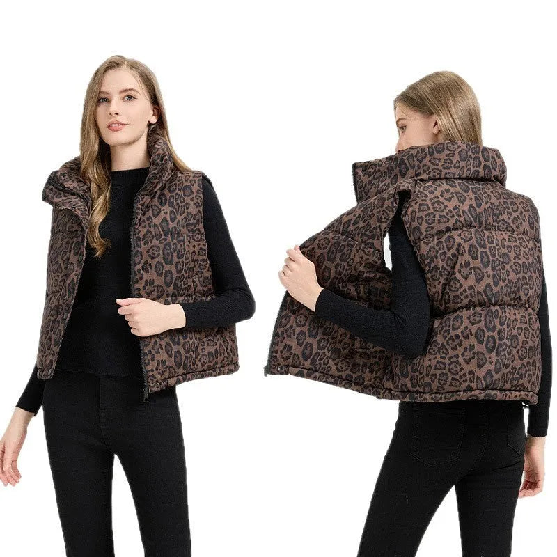Leopard print stand collar loose fit vest for women in khaki with pockets and thick polyester fabric