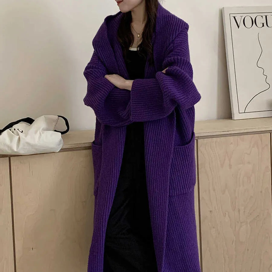 Loose hooded acrylic cardigan coat for women in beige colour with 80cm length and raglan sleeves