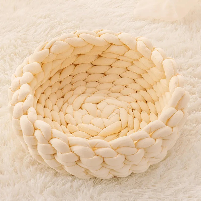 Round soft long plush cat house cushion in beige on a wooden floor, 40cm size option