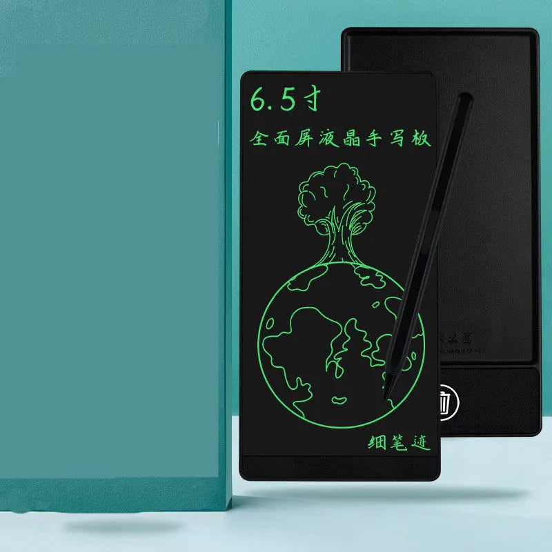 Blue LCD writing board with stylus showing handwritten arithmetic on 6.5-inch screen