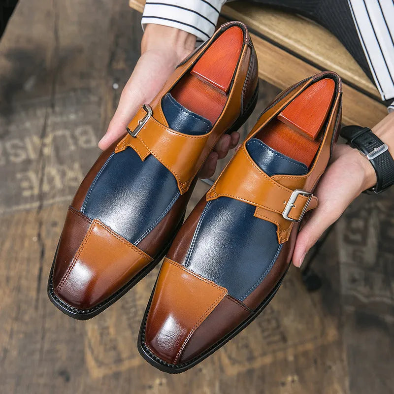 Men's brown-blue retro buckle casual leather shoes with tall crown design