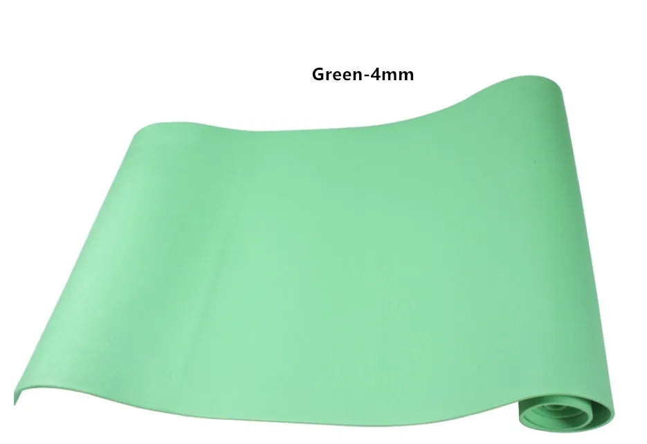 EVA yoga mat in blue showing thickness options of 4mm and 6mm with non-slip texture