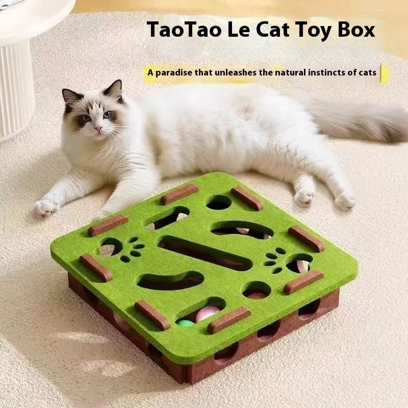 Square felt cat toy box with multiple entry holes for hide-and-seek play