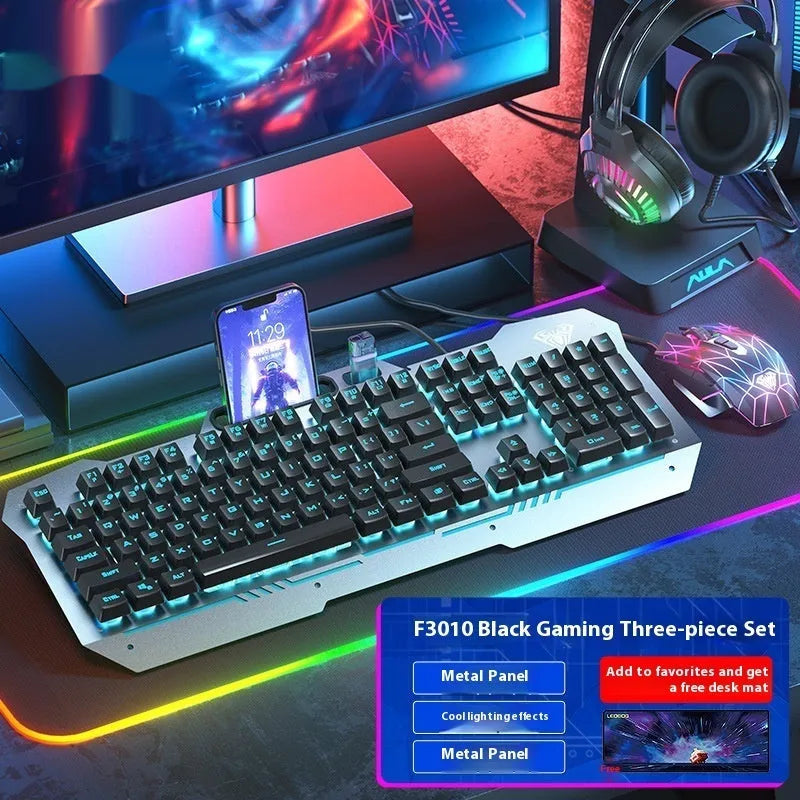 Black and white wired mechanical-feeling keyboard mouse headset bundles with RGB or blue backlighting
