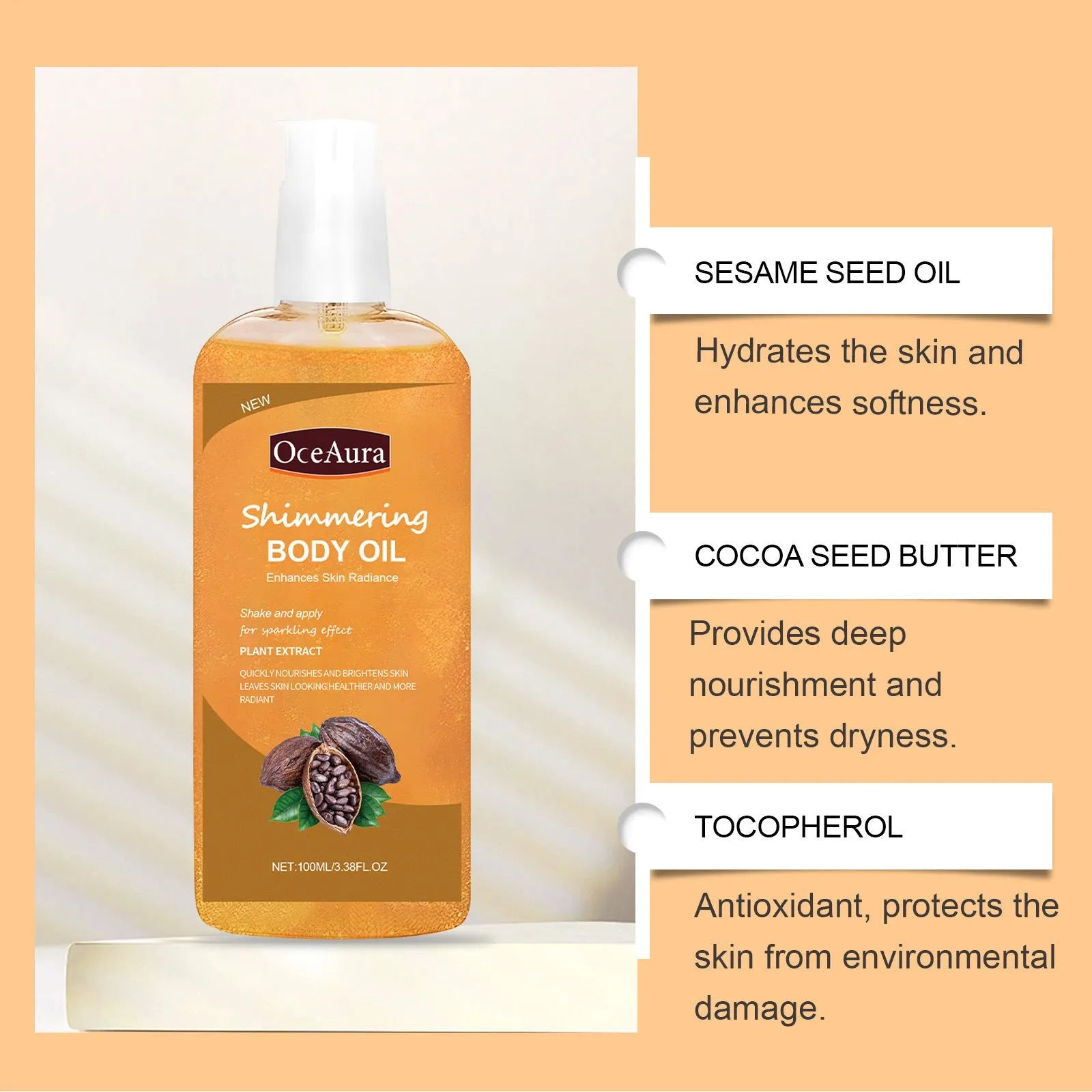 Shiny moisturizing body oil 100ml in plastic bottle with jojoba and vitamin E for daily skin care