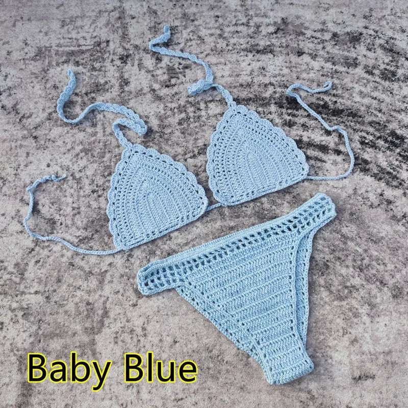 Women's three-piece bikini set with handmade crochet beach skirt in acrylic fabric