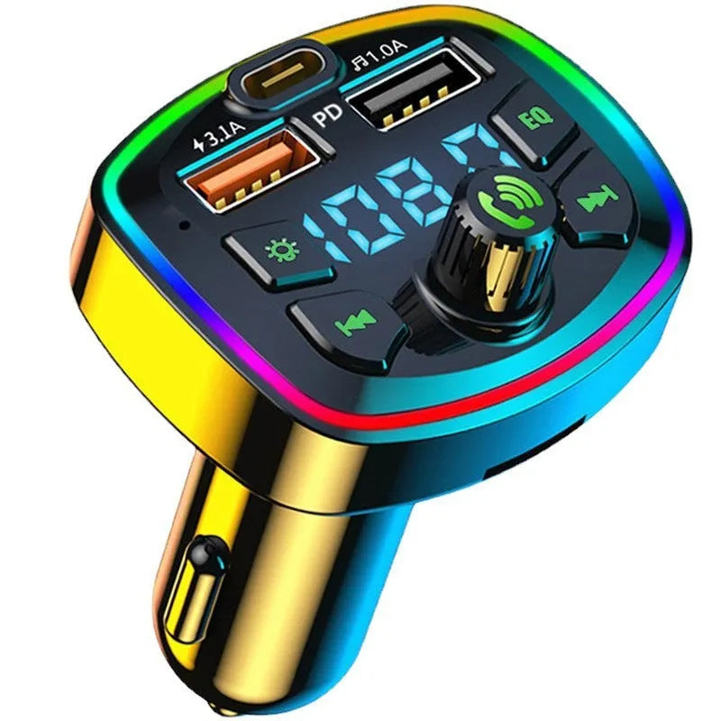 Q7 Automotive MP3 Player Bluetooth FM Transmitter connected to car cigarette lighter socket, showing 1.1-inch display.