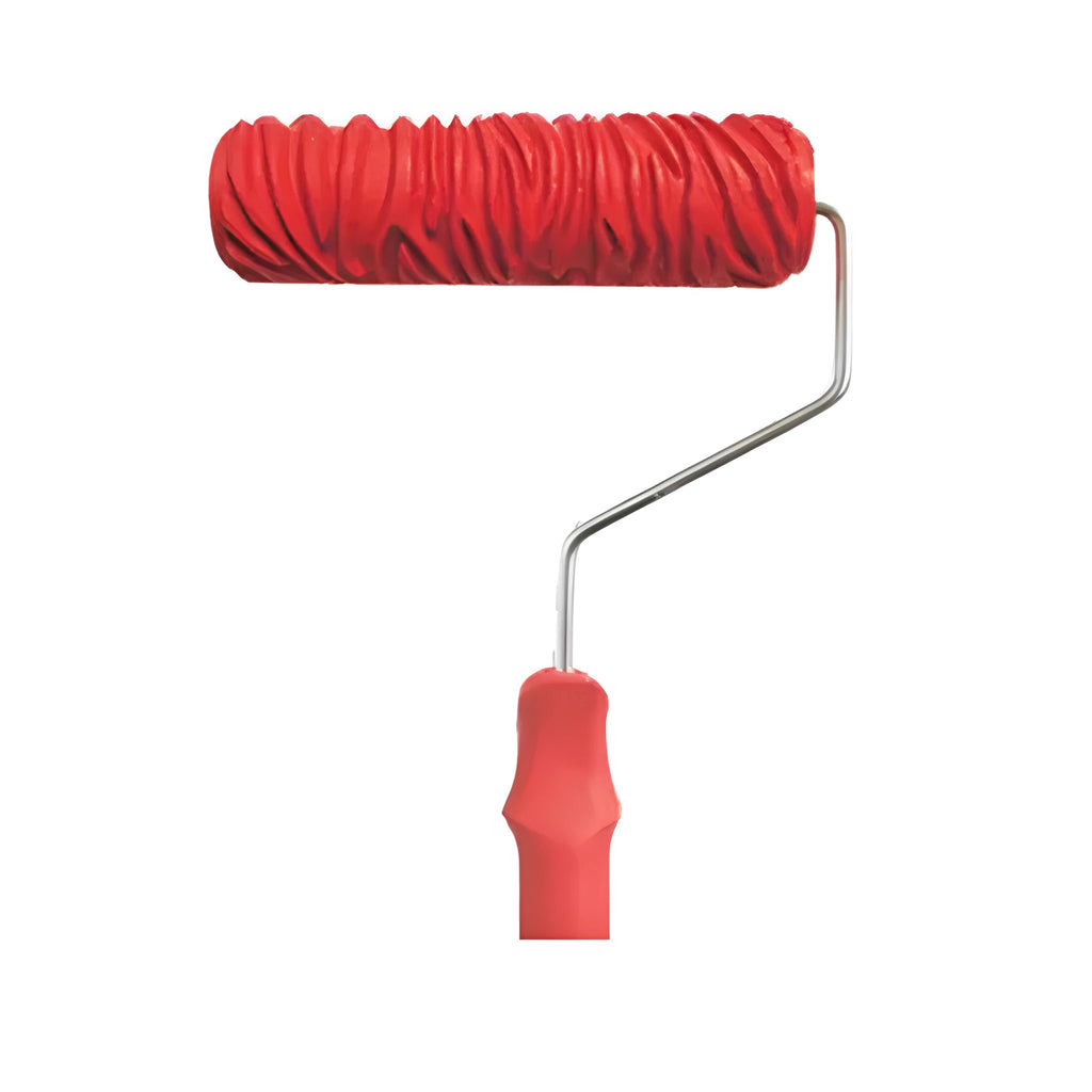 Red 7 inch textured paint embossing roller with patterned rubber sleeve and plastic handle