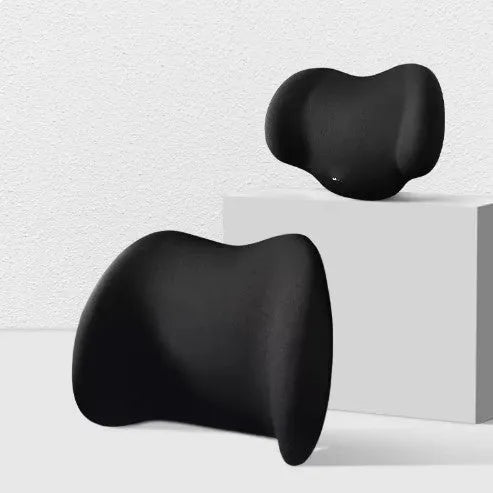Black memory cotton car headrest and back cushion set for neck and waist support.