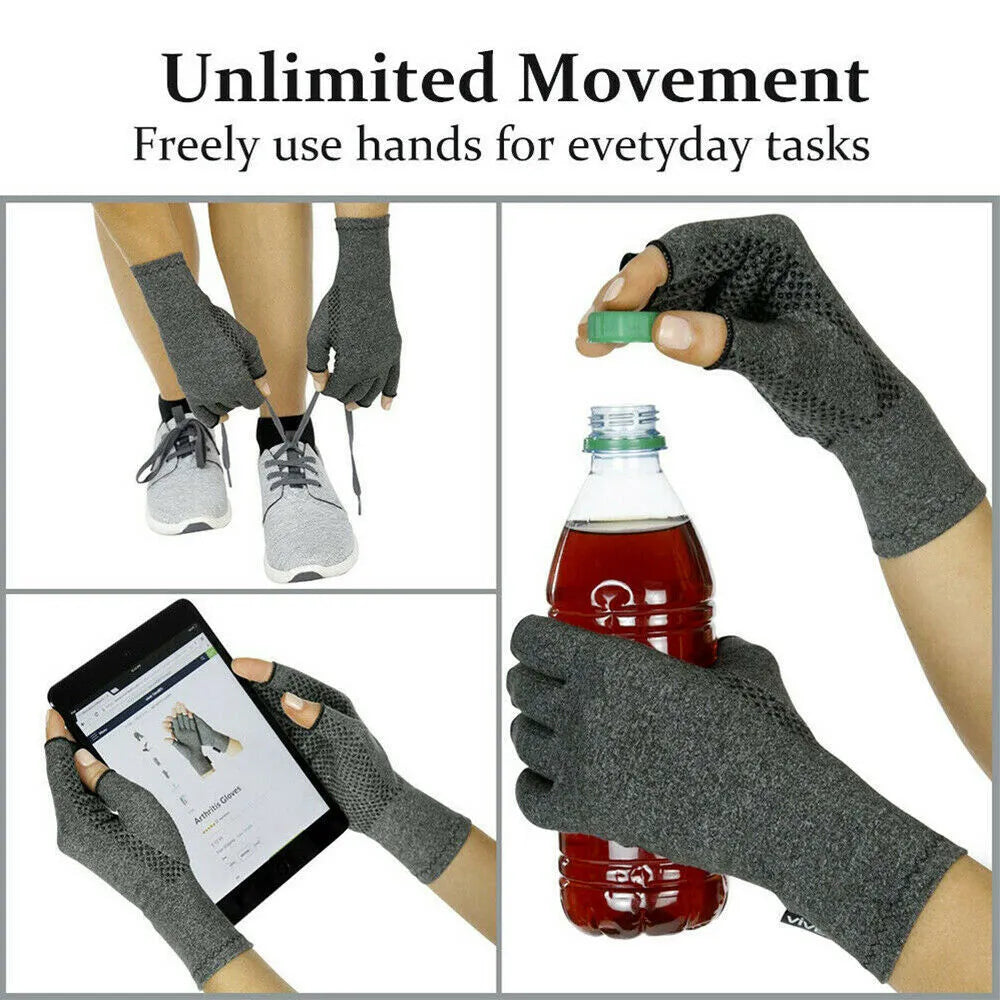 Grey half-finger joint compression gloves with anti-slip grip on a hand.