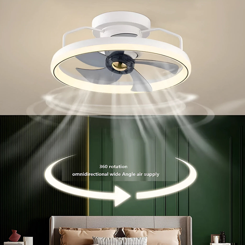 Modern simple ceiling fan lamp with light, 50cm diameter, shown in a selection of colours.