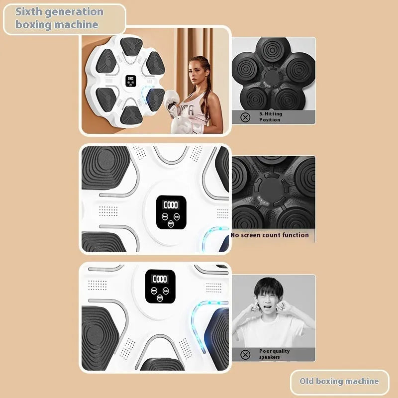 Smart music boxing machine wall target with electronic lights and focus gloves for home training.