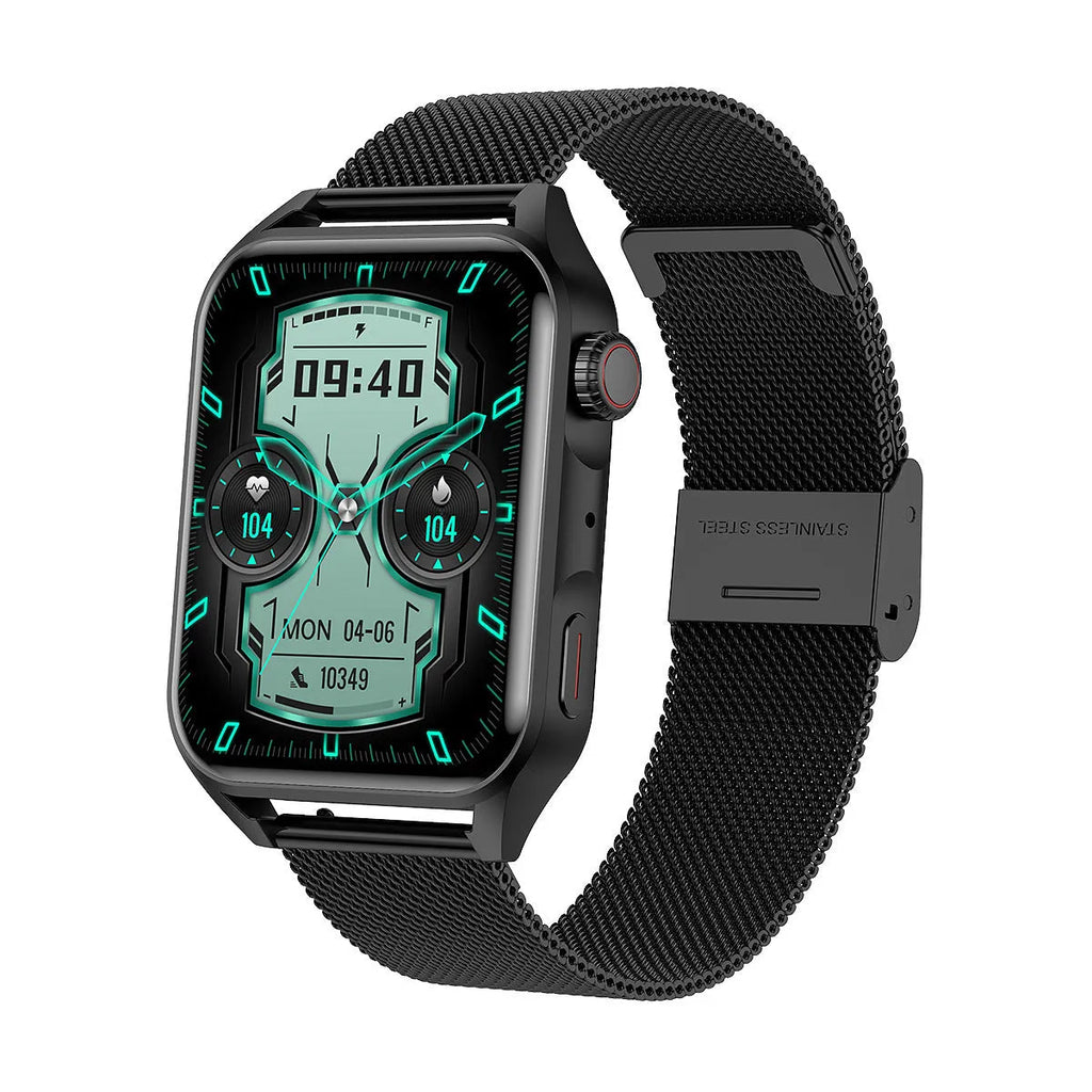 Black HD AMOLED smart watch with NFC on a silicone wrist strap, showing a multi-dial screen.