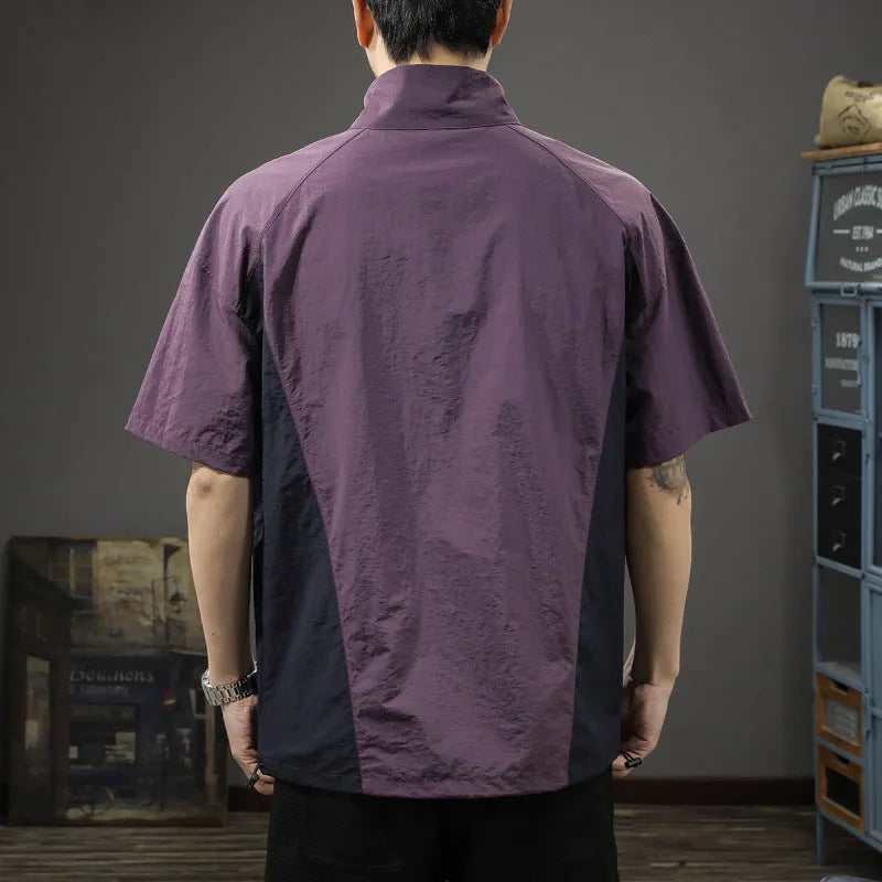 Men's brown half-zipped stand collar short sleeve casual shirt made from Ice Silk fabric.