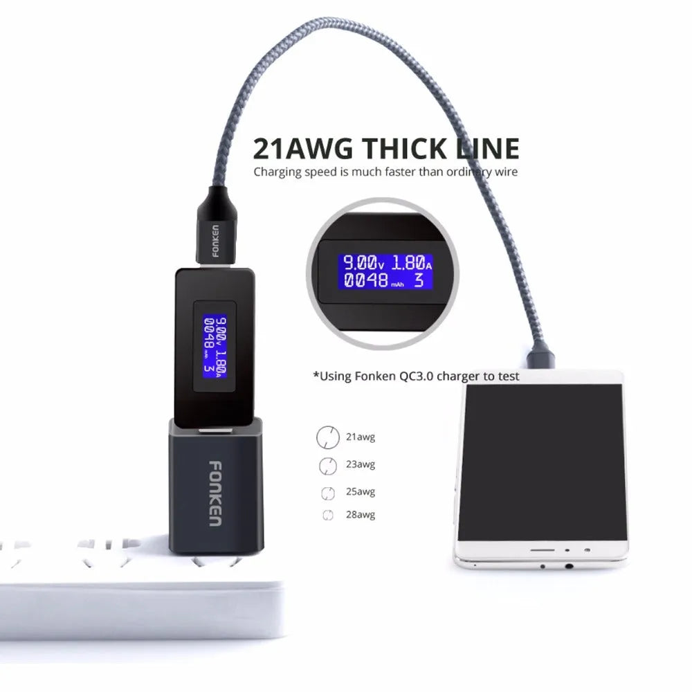 Fonken high-speed fast charging cable with woven exterior in black, 1m length, on white background