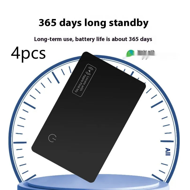 Black anti-lost alarm card for Apple devices shown next to a wallet.