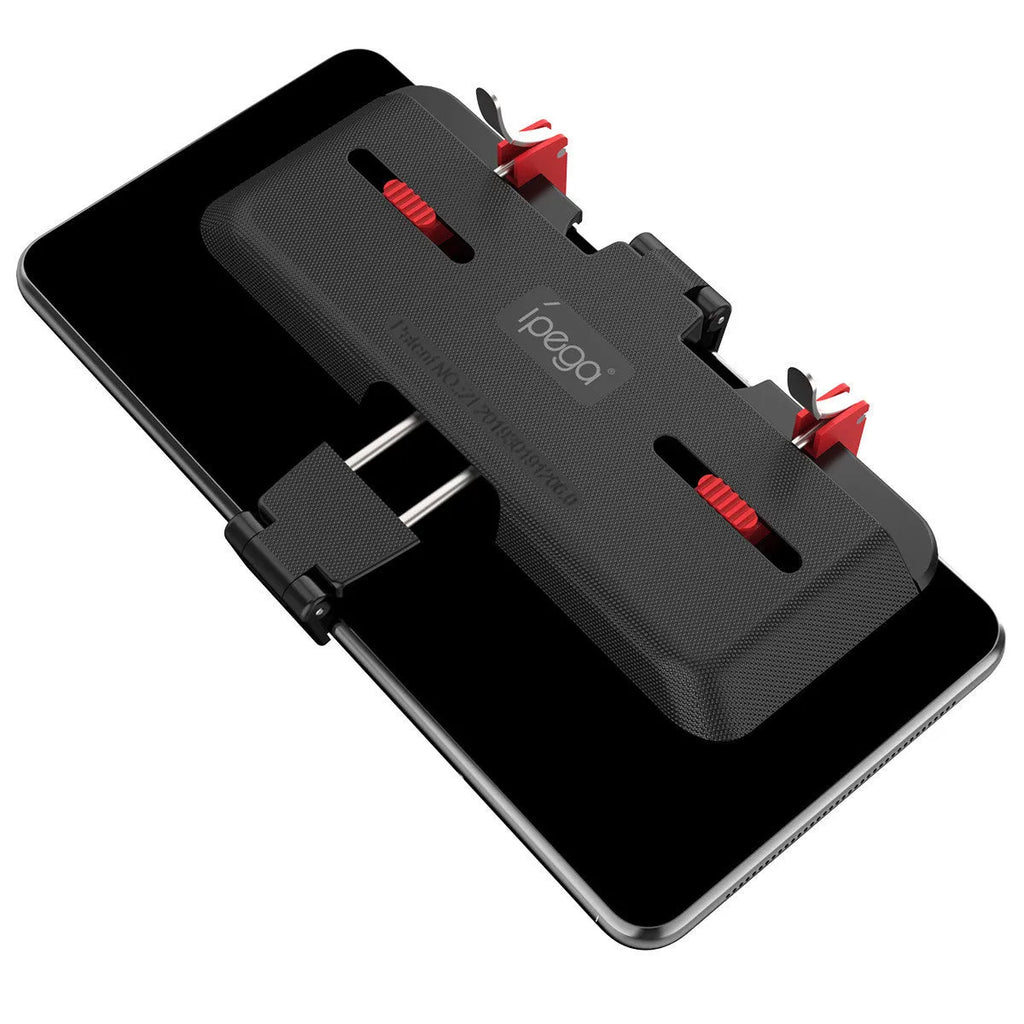 Black mobile phone gaming trigger bracket with adjustable sliding metal trigger and telescopic phone clip