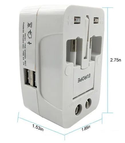 Universal travel plug adapter for multiple countries measuring 73x50x39mm