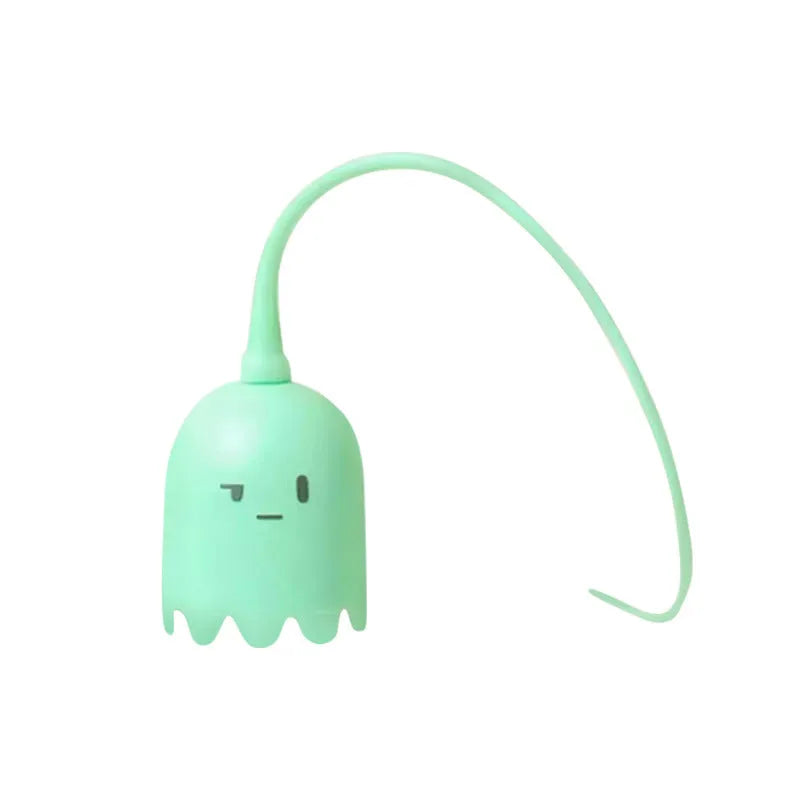 Green automatic electronic cat wand toy with swinging silicone tails on white background