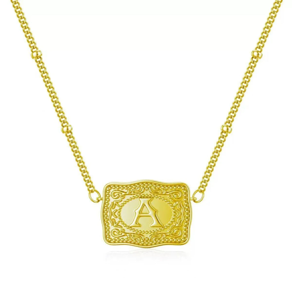 Alphabet pendant necklace showing gold and white electroplated copper options with European letter designs
