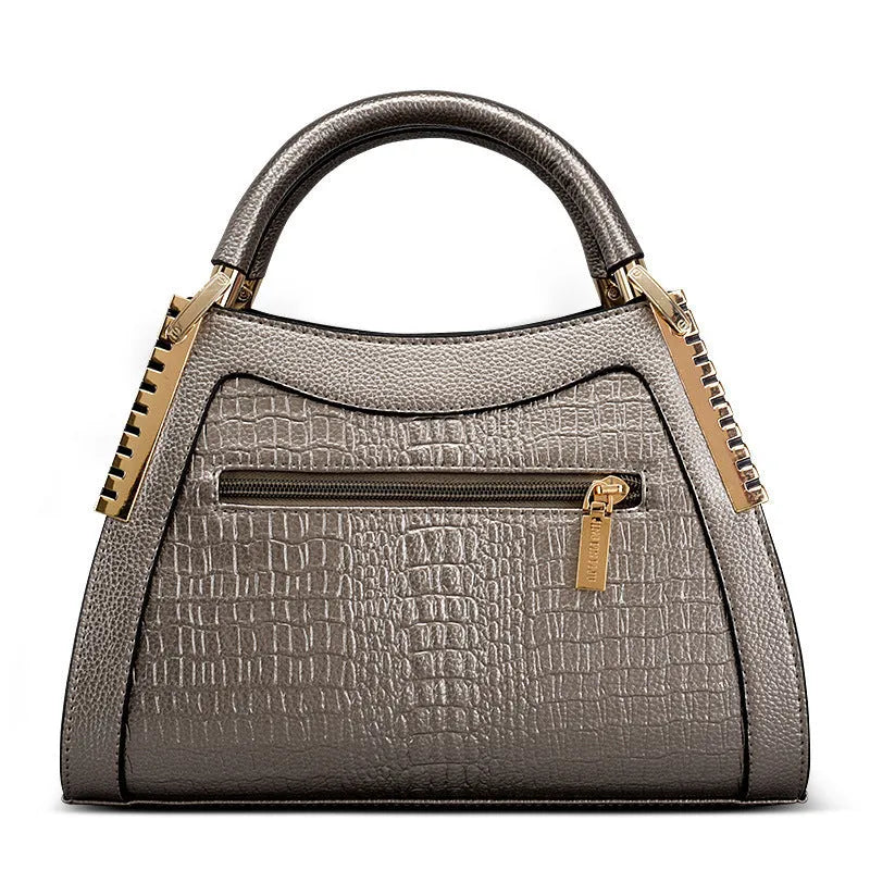 Fashion handbag with embossed crocodile pattern, zipper closure, trapezoid shape, PU material, available in five colours