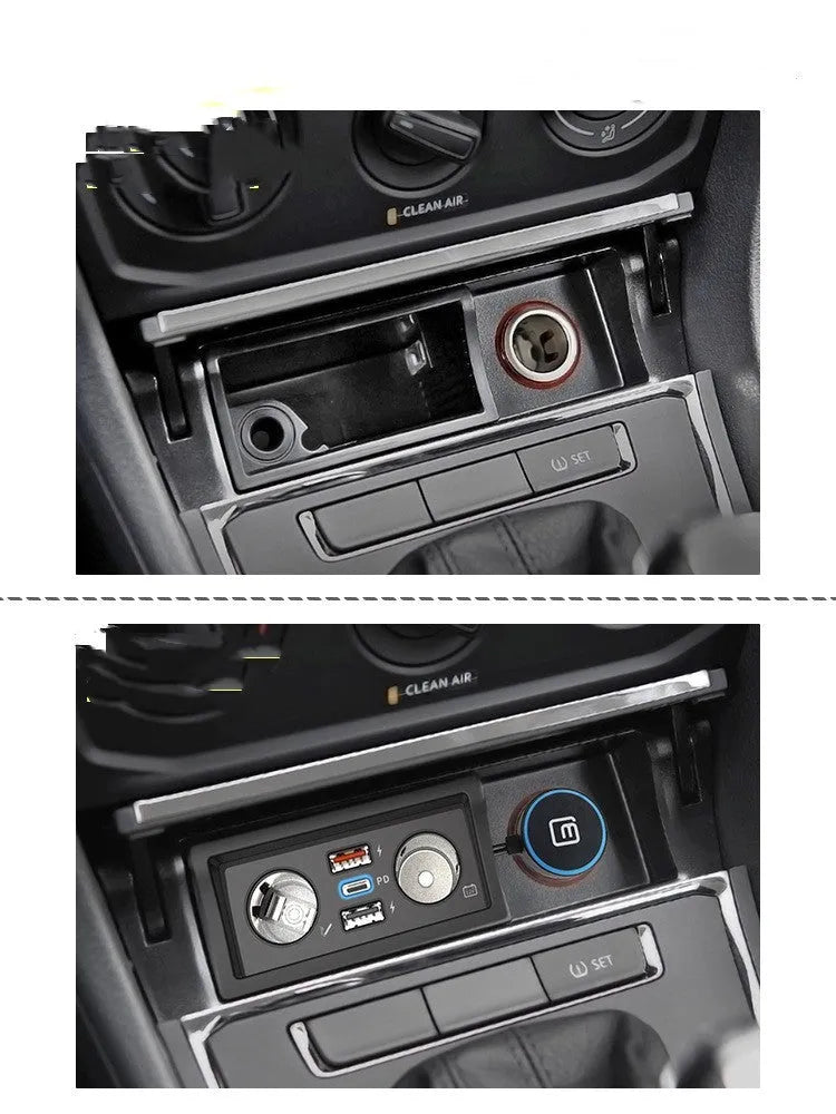 Black ABS plastic QC3.0 fast car charger for Volkswagen vehicles with Android and Apple model options.