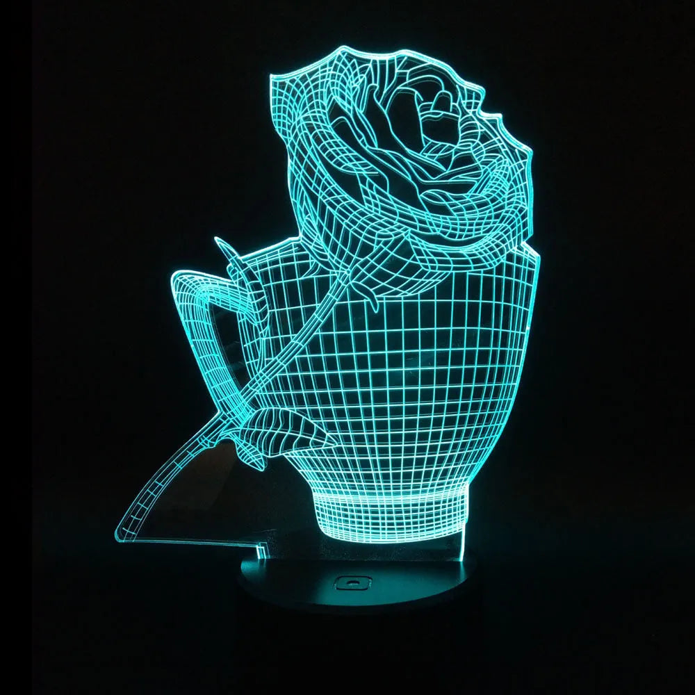 3D rose flower decorative night light with remote control on a bedside table.
