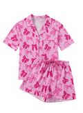 Pink bow print polyester pajama set with short sleeves and trousers for sleepwear