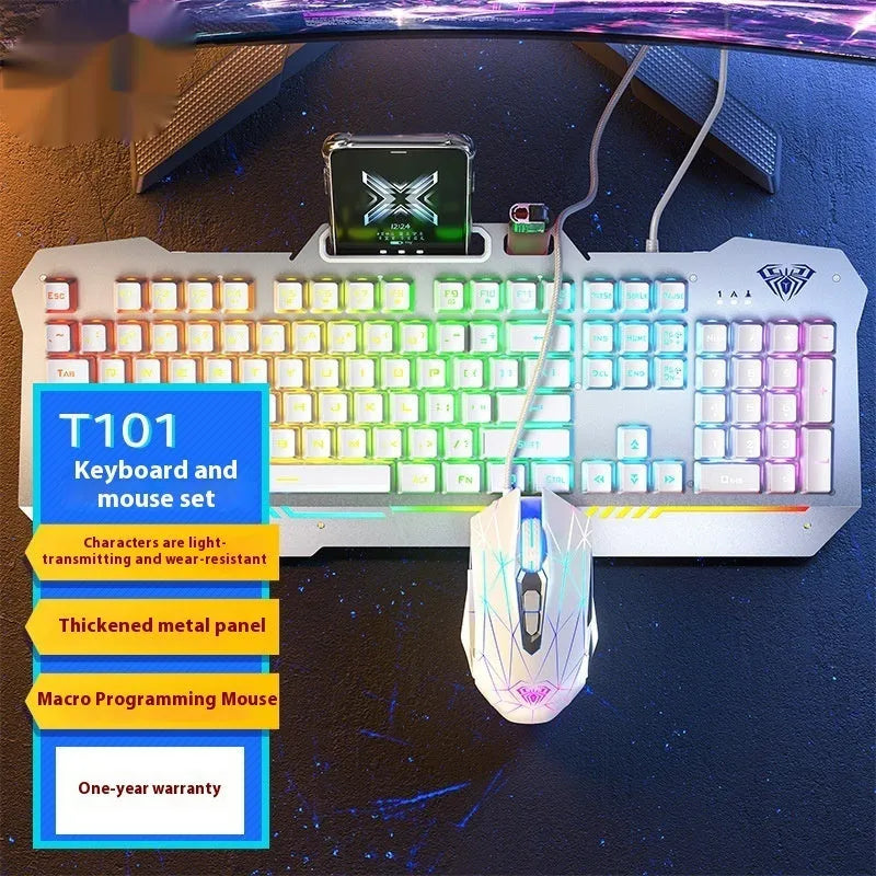 Black and white wired mechanical-feeling keyboard mouse headset bundles with RGB or blue backlighting