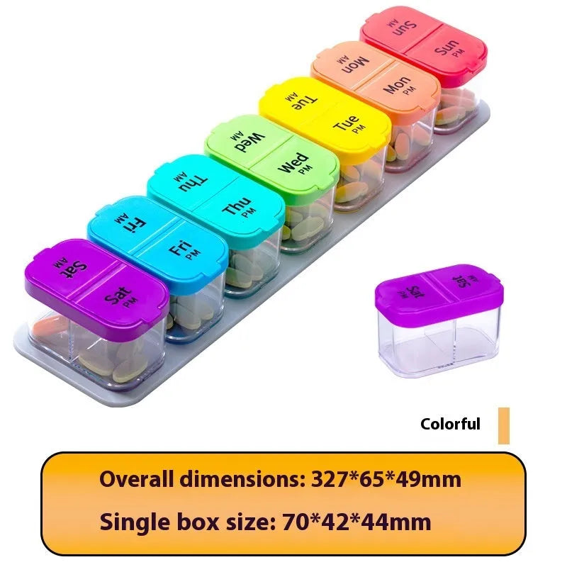 White and rainbow coloured extra large plastic pill organiser box with 14 removable compartments