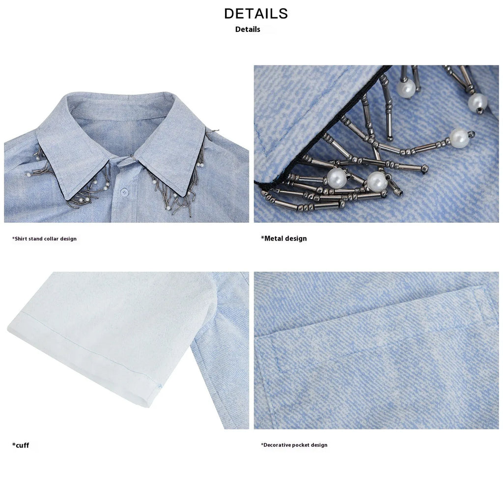 Men's blue and white gradient quilted pattern short sleeve casual shirt with loose fit