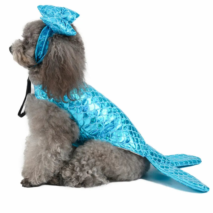 Blue polyester mermaid pet costume with headwear for small dogs and cats