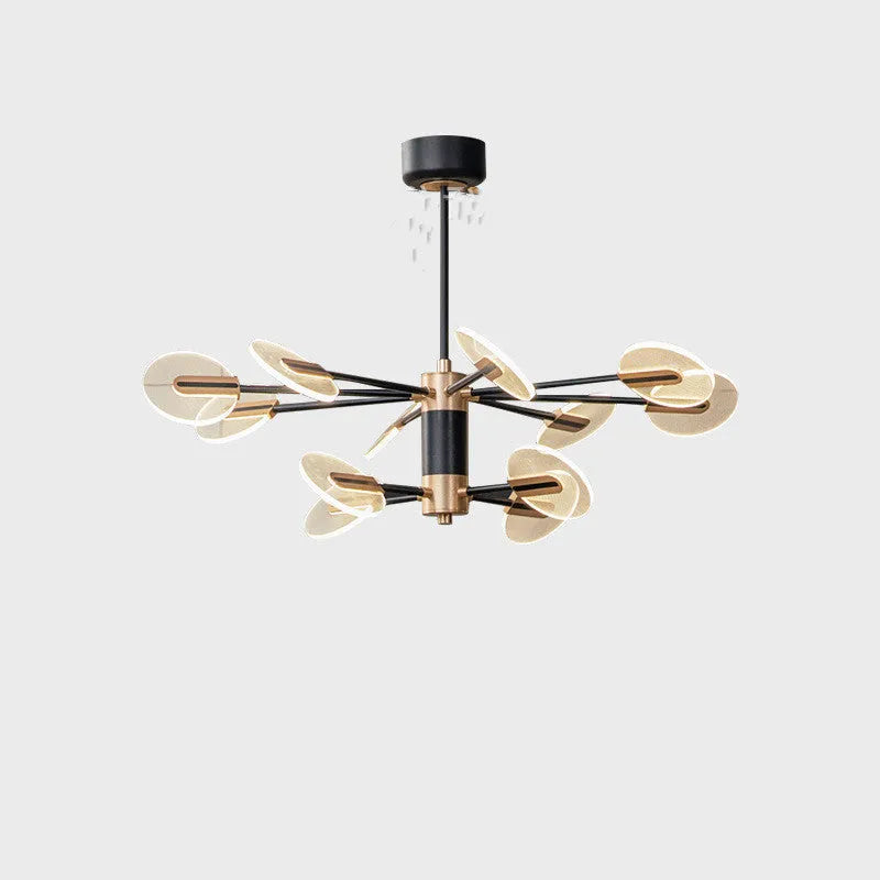 White iron frame LED chandelier with multiple acrylic shades hanging from ceiling