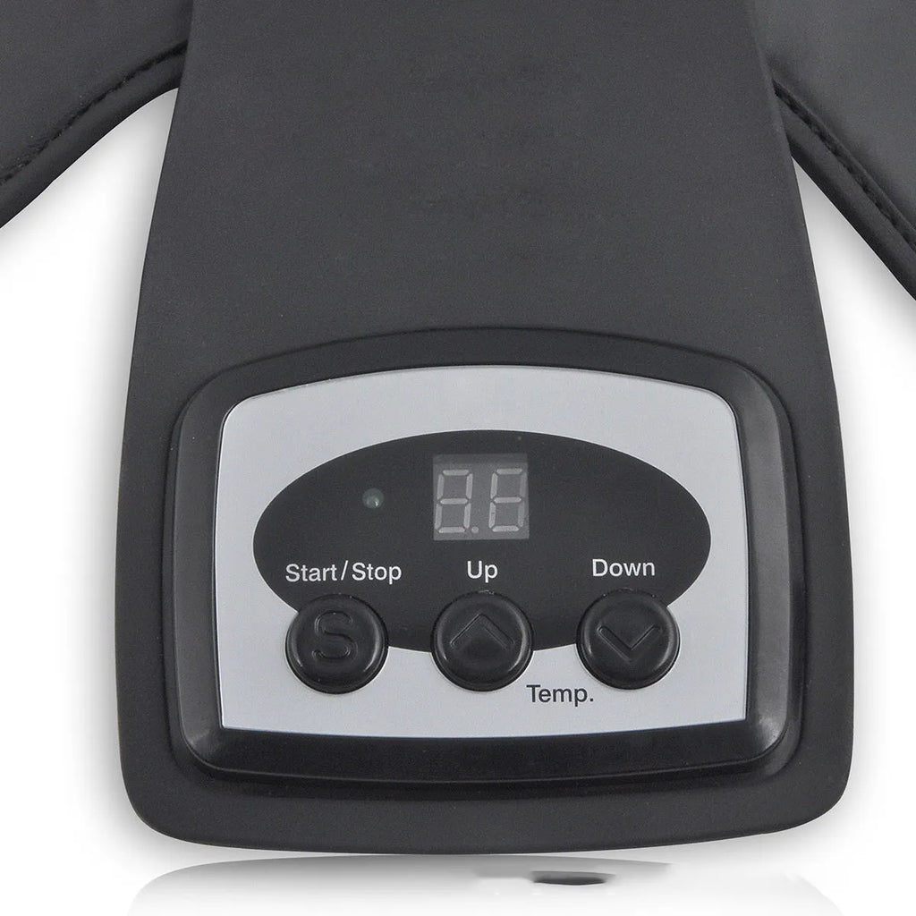 Knee and shoulder massager unit with infrared heat function and adjustable temperature control.
