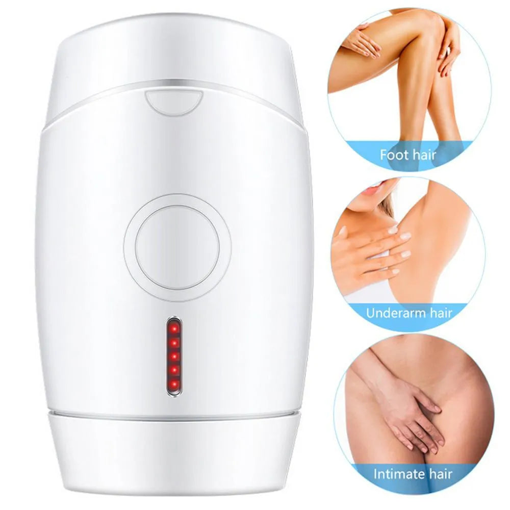 White home IPL laser hair removal device on a table showing its compact size and control buttons.