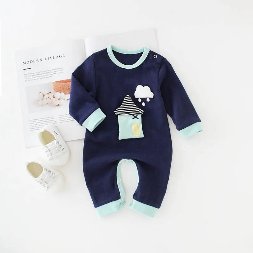 Baby cotton long sleeve romper with diagonal button closure in blue house print