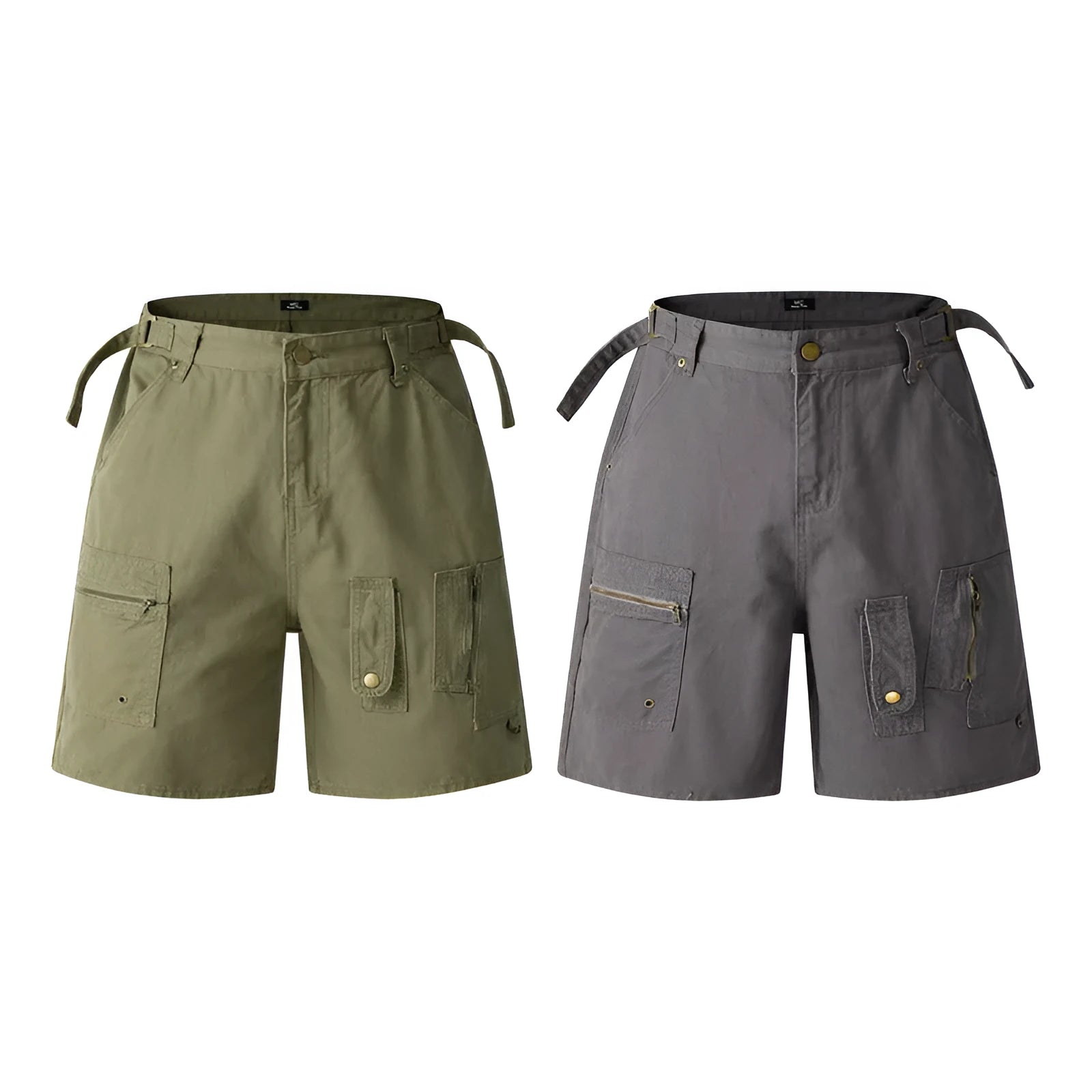 Retro grey washed cotton shorts with a zipper fly and loose fit on a mannequin.