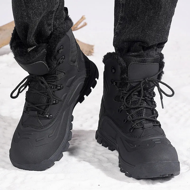 Men's black fleece-lined high-top boots with velvet interior and lace-up front closure