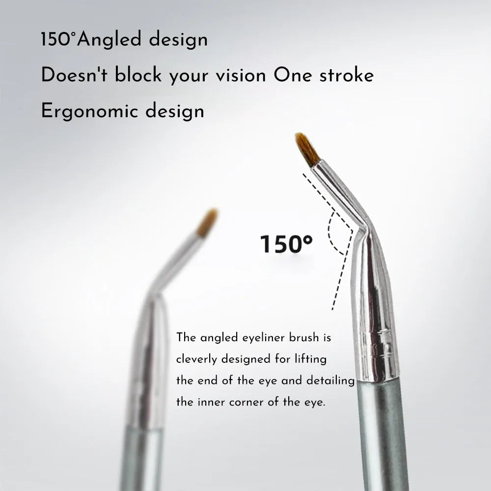 Angled bend head fine tip synthetic eyeliner brush for under eye concealer and detail work.