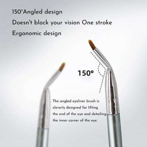 Angled bend head fine tip synthetic eyeliner brush for under eye concealer and detail work.