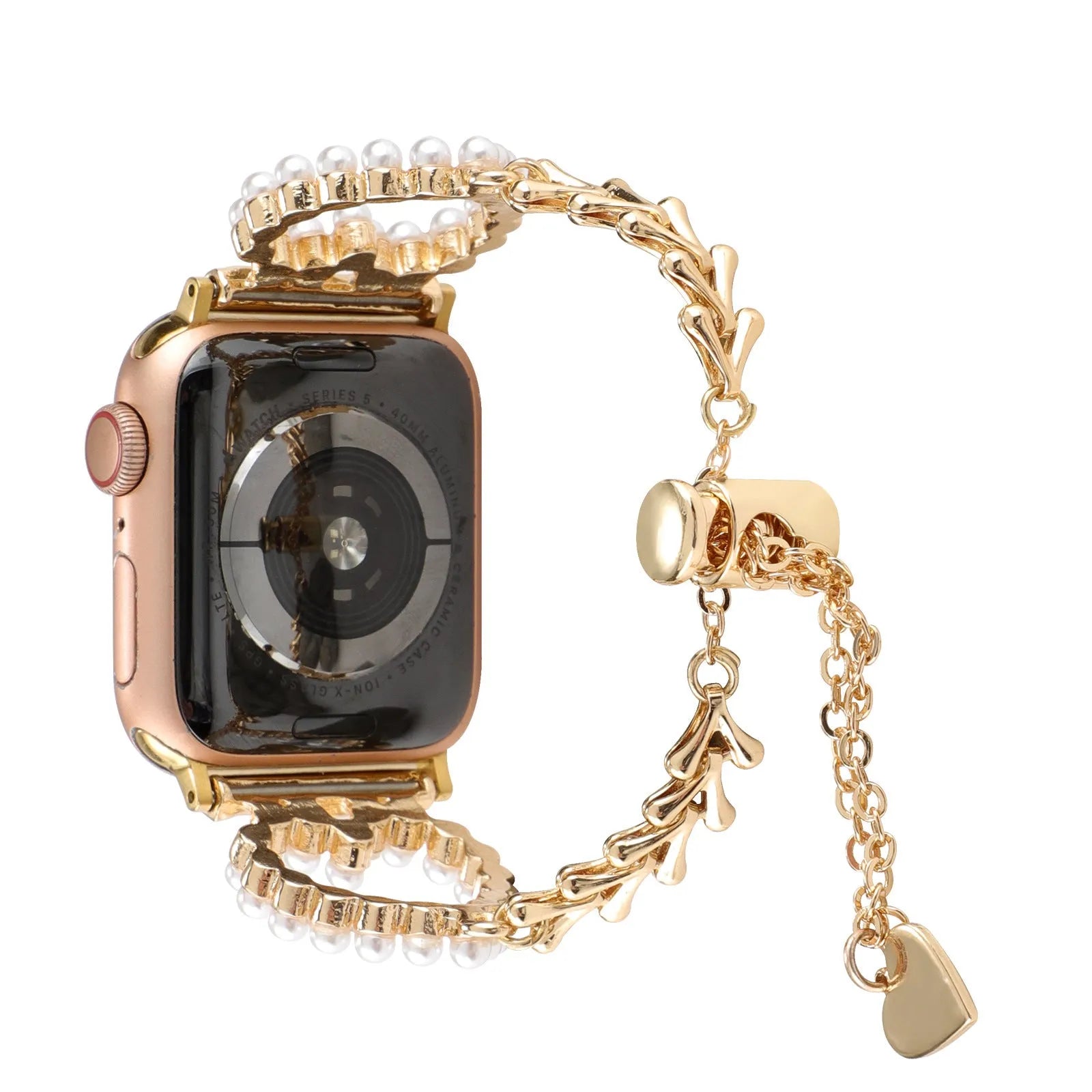 Apple smart watch strap with pearl love necklace design on metal band, 38-49mm fit
