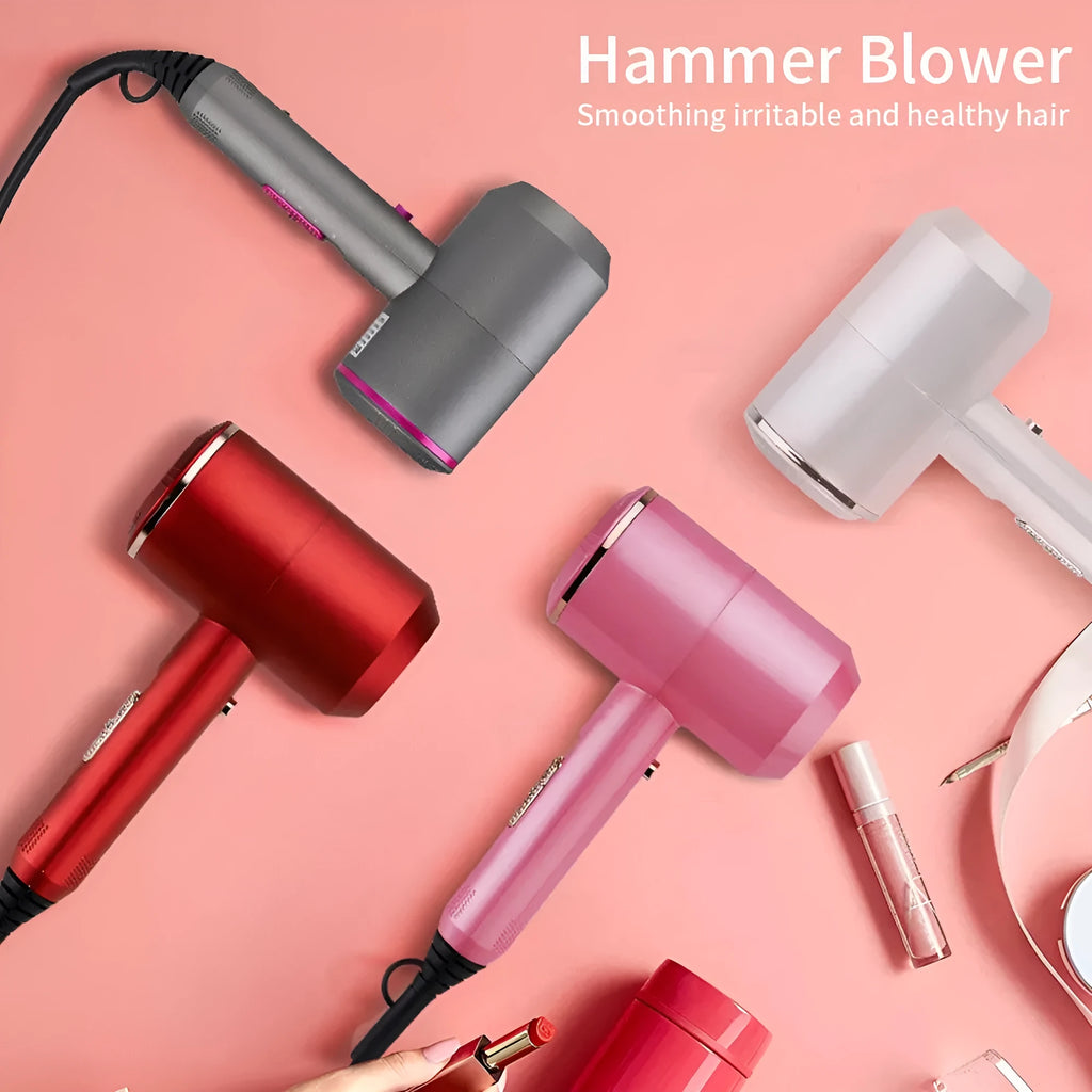 Hotel hammer hair dryer in grey with dual voltage 1800-2000W, three speeds, and two air nozzles plus diffuser