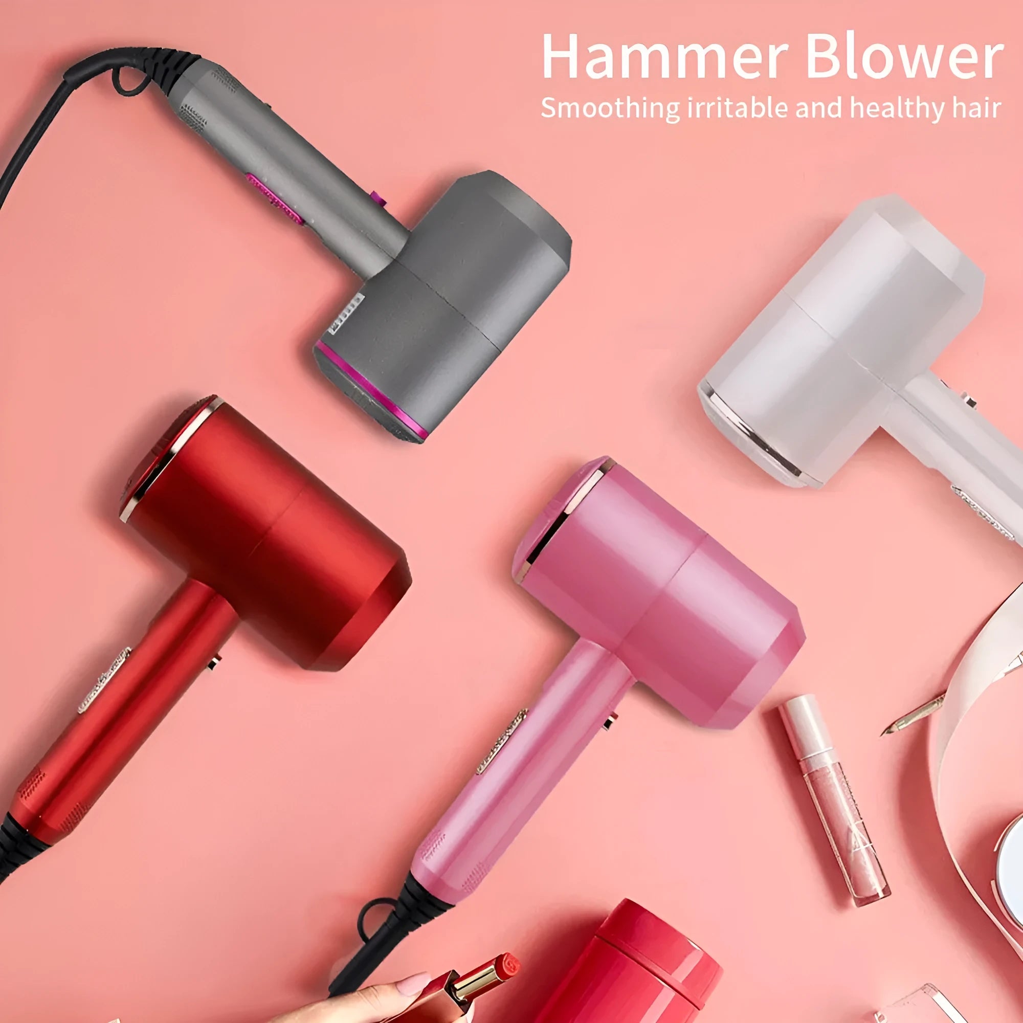 Hotel hammer hair dryer in grey with dual voltage 1800-2000W, three speeds, and two air nozzles plus diffuser