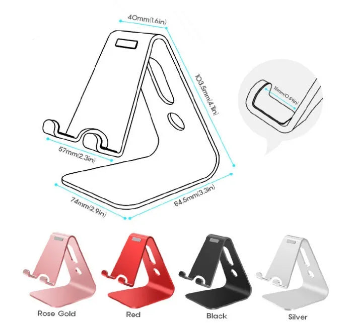 Aluminium alloy universal phone and tablet holder stand in silver, shown holding a smartphone at an angle.