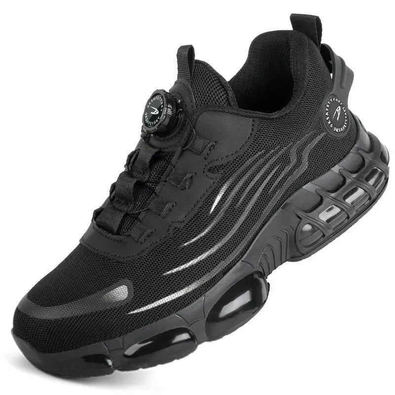 Anti-smash anti-puncture TPU Flyknit mesh work shoes in black and grey, Knob series safety footwear