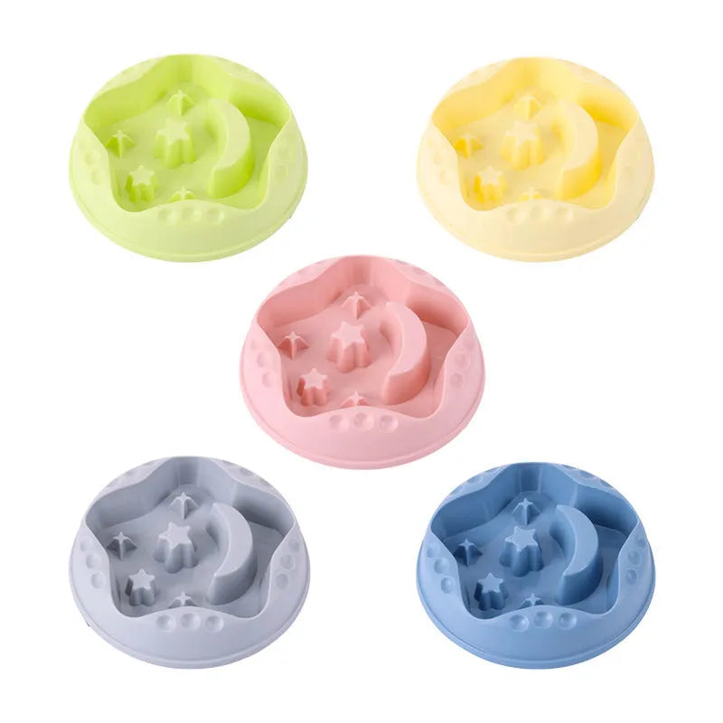 Moon Star Wings slow feeder dog bowl in blue colour with raised obstacles and anti-slip base.