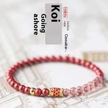 Purple cinnabar and pink strawberry quartz bracelet with koi and peach blossom design
