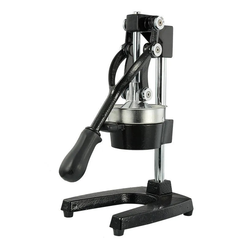 Black and white manual citrus juicer with cast iron base and stainless steel funnel, 40cm tall.
